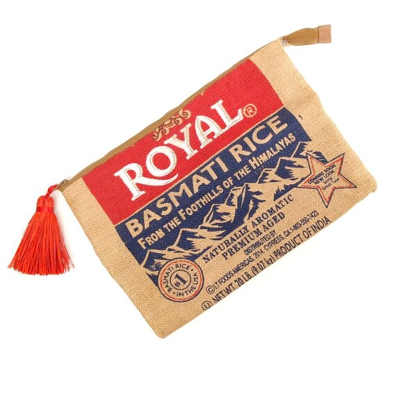 Handmade Handbags - Upcycled Burlap Rice Sack Fold over Clutch Zipper Pouch Tassel Lined Hand Made